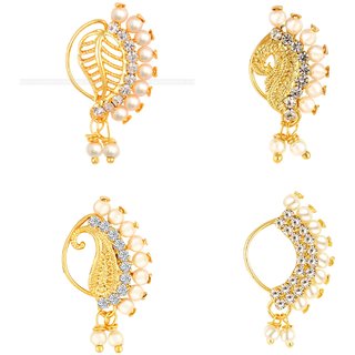 Vighnaharta Non Piercing Gold Plated Mayur design with Pearls and AD Stone Alloy Maharashtrian Nath