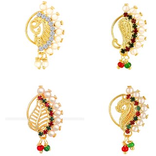 Vighnaharta Non Piercing Oxidised Gold with Artificial stone and beads Red Stone Alloy Maharashtrian Nath