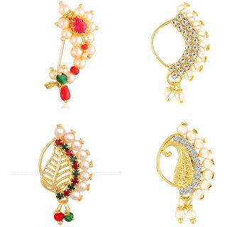 Vighnaharta Non Piercing Oxidised Gold with Artificial stone and beads Red Stone Alloy Maharashtrian Nath