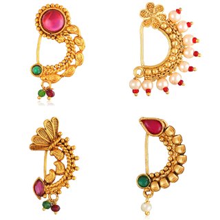 Vighnaharta Non Piercing Oxidised Gold with Artificial stone and beads Red Stone Alloy Maharashtrian Nath