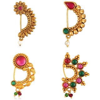 Vighnaharta Non Piercing Oxidised Gold with Artificial stone and beads Red Stone Alloy Maharashtrian Nath