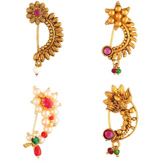 Vighnaharta Non Piercing Oxidised Gold with Artificial stone and beads Red Stone Alloy Maharashtrian Nath