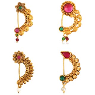 Vighnaharta Non Piercing Oxidised Gold with Artificial stone and beads Red Stone Alloy Maharashtrian Nath