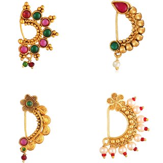 Vighnaharta Non Piercing Oxidised Gold with Artificial stone and beads Red Stone Alloy Maharashtrian Nath