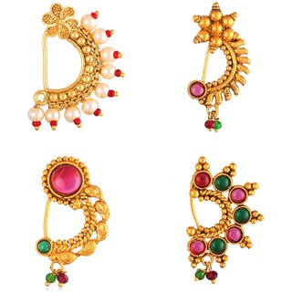 Vighnaharta Non Piercing Oxidised Gold with Artificial stone and beads Red Stone Alloy Maharashtrian Nath