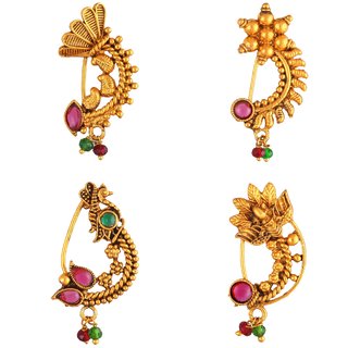 Vighnaharta Non Piercing Gold Plated Mayur design with Pearls AD Stone Alloy Maharashtrian Nath