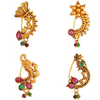 Vighnaharta Non Piercing Oxidised Gold with Artificial stone and beads Red Stone Alloy Maharashtrian Nath
