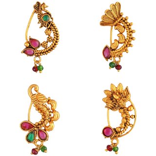 Vighnaharta Non Piercing Oxidised Gold with Artificial stone and beads Red Stone Alloy Maharashtrian Nath