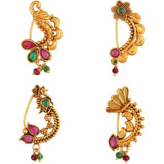 Vighnaharta Non Piercing Oxidised Gold with Artificial stone and beads Red Stone Alloy Maharashtrian Nath
