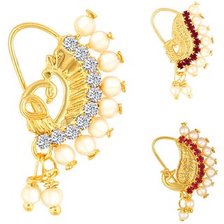 Vighnaharta Piercing Gold Plated Mayur design with Pearls and AD Stone Alloy Maharashtrian Nath