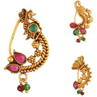 Vighnaharta Non Piercing Oxidised Gold with Artificial stone and beads Red Stone Alloy Maharashtrian Nath