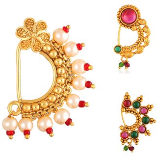 Vighnaharta Non Piercing Oxidised Gold with Artificial stone and beads Red Stone Alloy Maharashtrian Nath