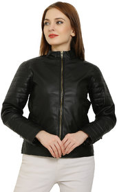 Lambency Women's Black Faux Leather Casual Jackets