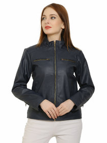 Lambency Women's Navy Faux Leather Casual Jackets
