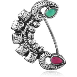 Vighnaharta Oxidised Gold with Artificial stone and beads Mayur design Alloy Maharashtrian Nath Nathiya