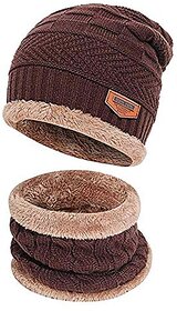 Winter Woolen Unisex Fur Fleece Lined Stylish Beanie Knitted Cap with Neck Warmer for Men and Women (Multi Color)