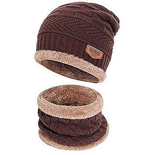 Winter Woolen Unisex Fur Fleece Lined Stylish Beanie Knitted Cap with Neck Warmer for Men and Women (Multi Color)
