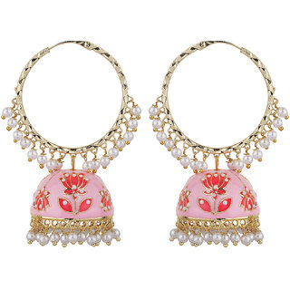 Lotus Jhumki Brass Bali Copper Material Drop Hook Earrings for Women's Fashion Jewelry Earrings Loop Gold  Pink