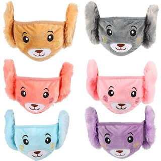 Multi Color Girls/Boys Warm Winter Face Mask Plush Ear Muffs Covers Pack of-6 (5 Years to 13 Years)