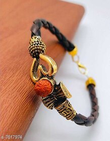 Shiv Trishul Damru Metal  Leather Bracelet For Mens