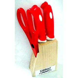 SHIRAZ Kitchen Premium Stainless Steel Knife  Scissors Set(RED) with Wooden Block-6 Pcs