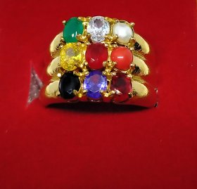 Ashtadhatu Three Layer Nav Ratna Ring Of Nine Stone In Gold Plated For Men And Boys