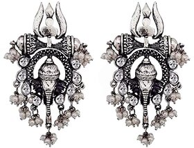 Celebrity Inspired Oxidised Silver Trishul Ganesh Stud Earring For Women and Girls