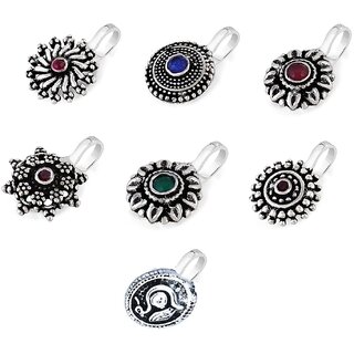 Beautiful Classic Designs 6 Pcs Combo Silver Oxidized Finishing Without Piercing Nose Pins for Women  Girls