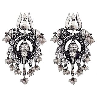Celebrity Inspired Oxidised Silver Trishul Ganesh Stud Earring For Women and Girls