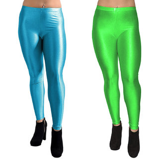 HOMESHOP Shiny lycra leggings for women and girls (Pack of 2) Parrot Green Skyblue