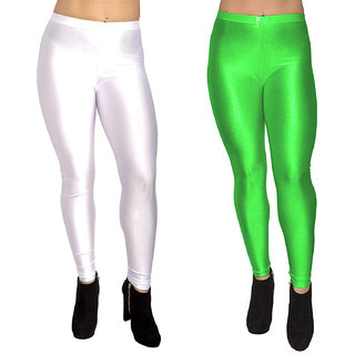 HOMESHOP Shiny lycra leggings for women and girls (Pack of 2) White Parrot Green