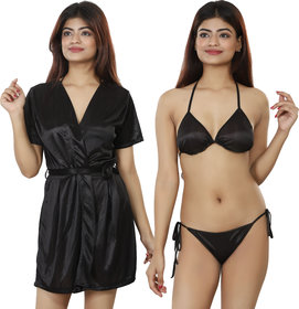 Nivcy Women Solid Satin Nightwear Robe and Lingerie Set Black Small