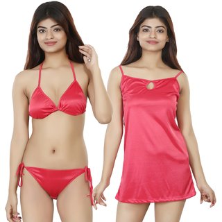 Nivcy Women Solid Satin Nightwear set's True Red Medium