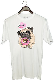 UDNAG Unisex Round Neck Graphic 'Pug & Doughnut | Pug with Pink Round Doughnut' Polyester T-Shirt White