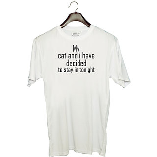 UDNAG Unisex Round Neck Graphic 'Cat | my dog and i have decided to stay in tonight' Polyester T-Shirt White