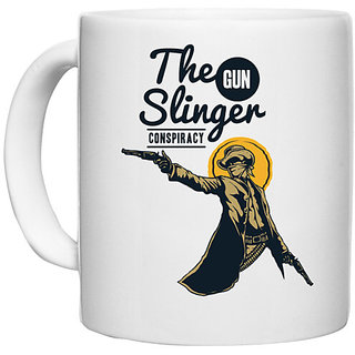 UDNAG White Ceramic Coffee / Tea Mug 'Wild wild west | the gun slinger conspiracy' Perfect for Gifting [330ml]