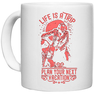 UDNAG White Ceramic Coffee / Tea Mug 'Life | Life Is A Trip Plan Your Next Vacation' Perfect for Gifting [330ml]