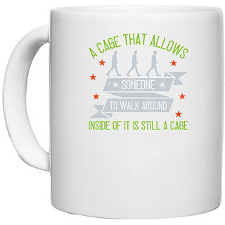 UDNAG White Ceramic Coffee / Tea Mug 'Walking | A cage that allows someone to walk around' Perfect for Gifting [330ml]