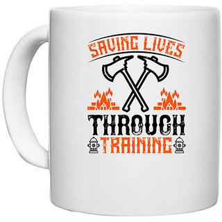 UDNAG White Ceramic Coffee / Tea Mug 'Firefighter | Saving lives through training' Perfect for Gifting [330ml]