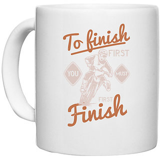 UDNAG White Ceramic Coffee / Tea Mug 'Motor Cycle | To finish first, you must first finish' Perfect for Gifting [330ml]