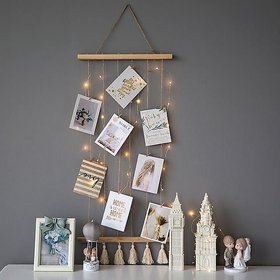 Khush Its Amazing Wooden Hanging Photo Display Picture Frame Collage Picture Display Organizer with Wood Clips LED Light