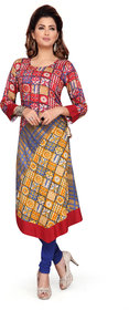 Women's  Red And Yellow Print Side Checks Rayon Kurti