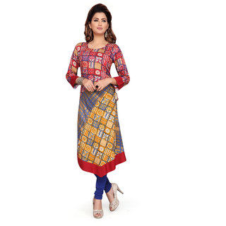 Women's  Red And Yellow Print Side Checks Rayon Kurti