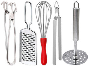 Oc9 Stainless Steel Utility Pakkad and Wire Grater and Egg Whisk and Roti Chimta and Potato Masher For Kitchen Tool