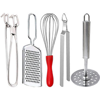 Oc9 Stainless Steel Utility Pakkad and Wire Grater and Egg Whisk and Roti Chimta and Potato Masher For Kitchen Tool