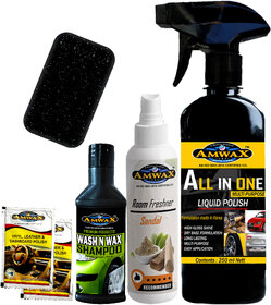 Amwax  All In One Polish 250 Ml , Amwax room freshner Sandal 100,Wash N wax 50ml ,Dashboard pouch 2