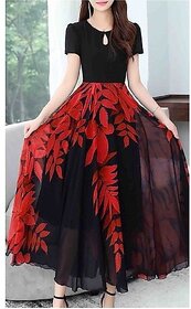 Vivient Black Red Printed Georgette Maxi Dress For Women