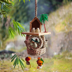 Handmade Home Dcor Artificial Hanging Jute Birds Nest with Birds for Balcony and Garden Combo Decorative Showpiece