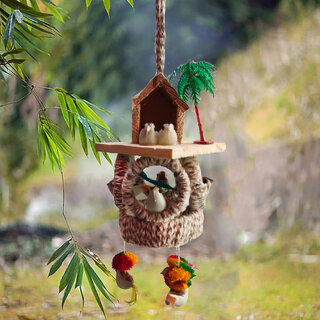 Handmade Home Dcor Artificial Hanging Jute Birds Nest with Birds for Balcony and Garden Combo Decorative Showpiece