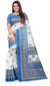 SVB Saree White  & Light Blue Art Silk Printed Saree
